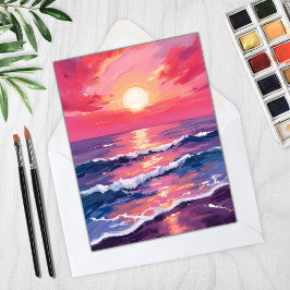 Tarjeta de acuarela de olas del océano púrpura pue