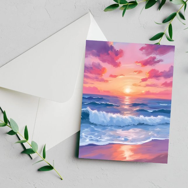Tarjeta de acuarela de olas del océano rosa atarde (Subido por el creador)