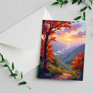 Tarjeta de acuarela de paisaje de otoño con follaj