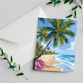Tarjeta de acuarela de playa de Hawái árbol de pal
