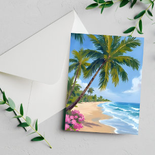 Tarjeta de acuarela de playa de Hawái árbol de pal