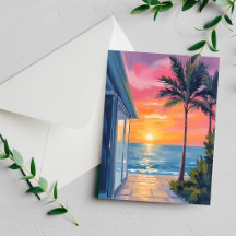 Tarjeta de acuarela de puesta de sol tropical en l
