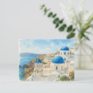 Tarjeta de acuarela de Santorini Grecia, Iglesia d