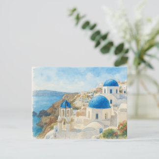 Tarjeta de acuarela de Santorini Grecia, Iglesia d