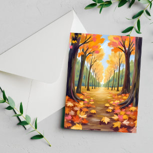 Tarjeta de Acuarela de Sendero del Bosque de Otoño