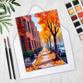 Tarjeta de Acuarela del Follaje de Otoño en Boston