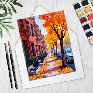 Tarjeta de Acuarela del Follaje de Otoño en Boston
