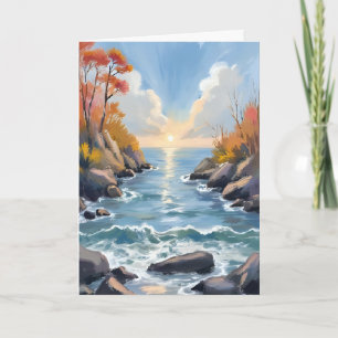Tarjeta de Acuarela del Paisaje del Río Otoñal al