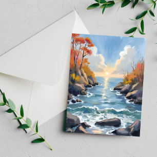 Tarjeta de acuarela del paisaje del río otoñal al 