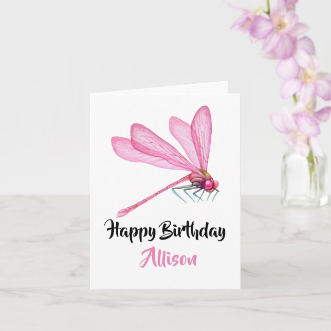 Tarjeta de acuarela feliz cumpleaños de la libélul (Orquídea)