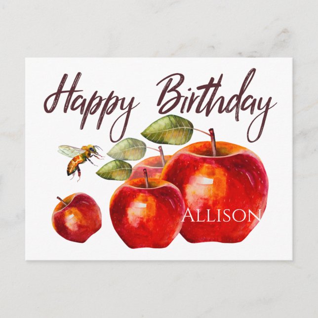 Tarjeta de acuarela Feliz Cumpleaños Red Apple (Anverso)