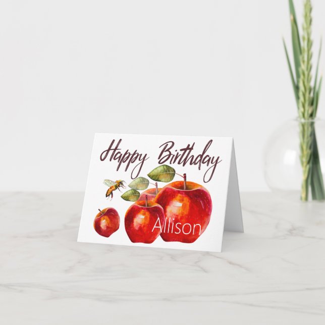 Tarjeta de acuarela Feliz Cumpleaños Red Apple (Anverso)