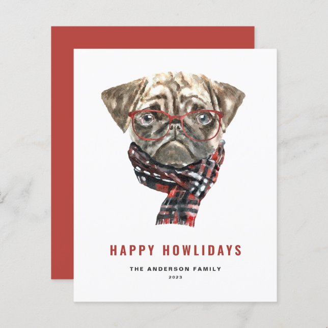 Tarjeta de acuarela festiva Pug Happy Howlidays (Anverso / Reverso)