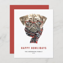 Tarjeta de acuarela festiva Pug Happy Howlidays