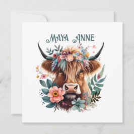 Tarjeta de acuarela floral Highland Cow Boho