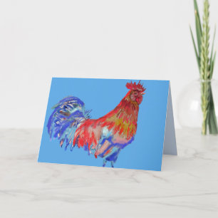 Tarjeta de Acuarela Gallo Gallina Pájaro Azul Rojo