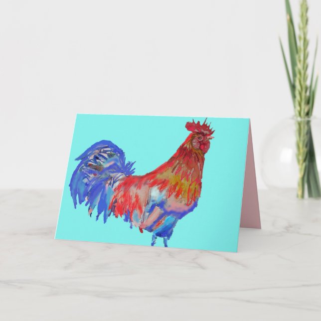 Tarjeta de Acuarela Gallo Rojo y Azul Aqua (Anverso)