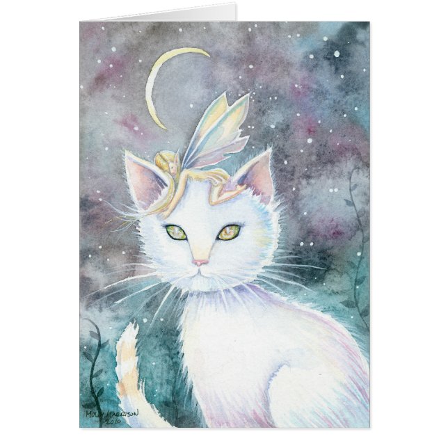 Tarjeta de Acuarela Gato Luna Plateada y Hada (Frente)