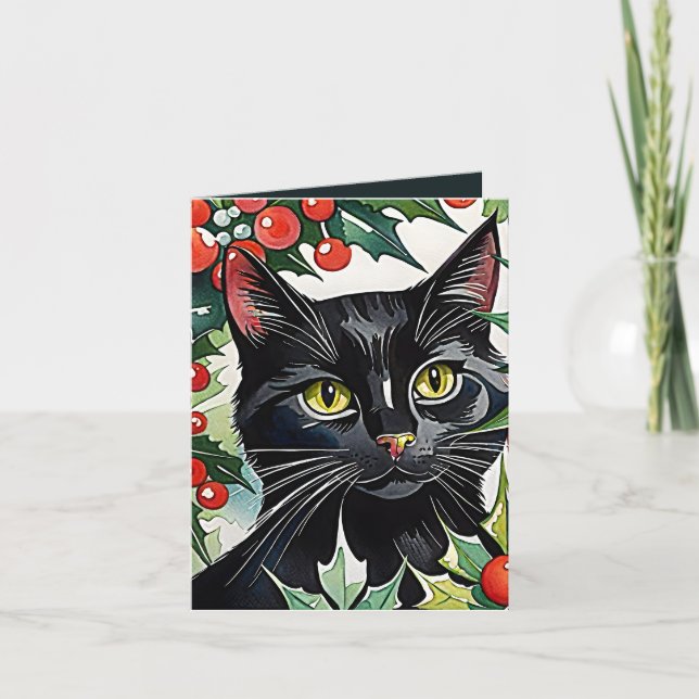Tarjeta de acuarela para Navidades Meowy del gato  (Anverso)
