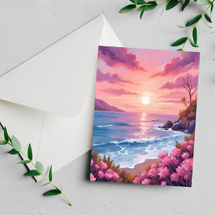Tarjeta de acuarela rosa de puesta de sol en la ba