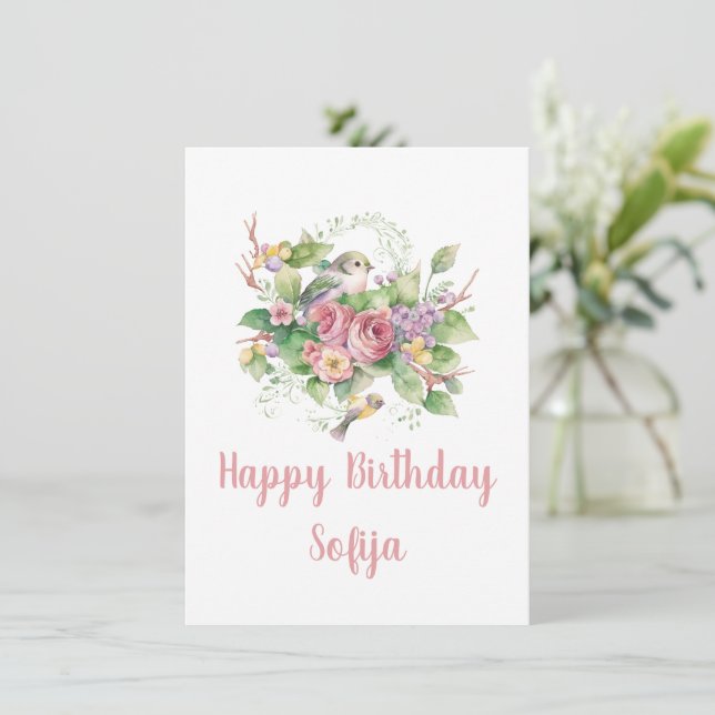 Tarjeta de acuarela verde Rosa de flor de pájaro (Anverso de pie)