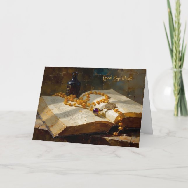 Tarjeta de Adiós Sacerdote con Rosario y Libro (Anverso)