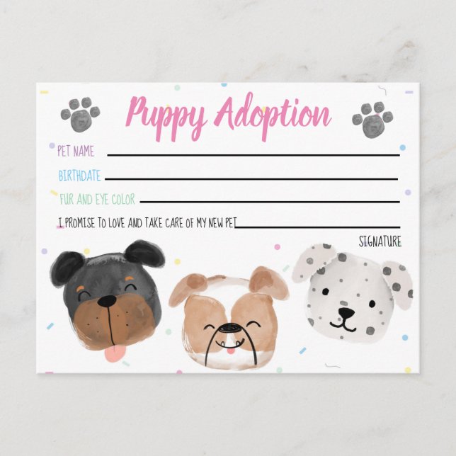 Tarjeta de adopción de cachorro de peluche para fa (Anverso)