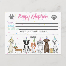 Tarjeta de adopción de cachorro de peluche para fa