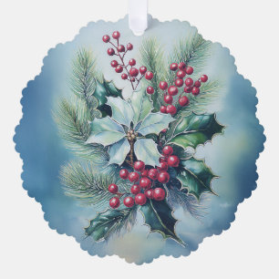 Tarjeta de Adorno de Árbol de Acuarela de Acebo y