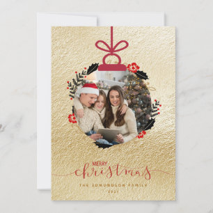 Tarjeta de adorno de foto de Navidad alegre dorada