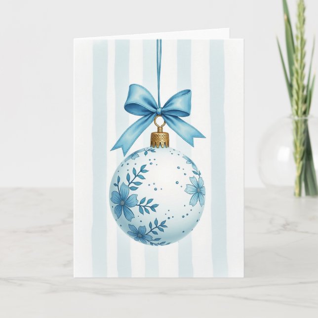 Tarjeta de Adorno de Navidad Floral Azul (Anverso)