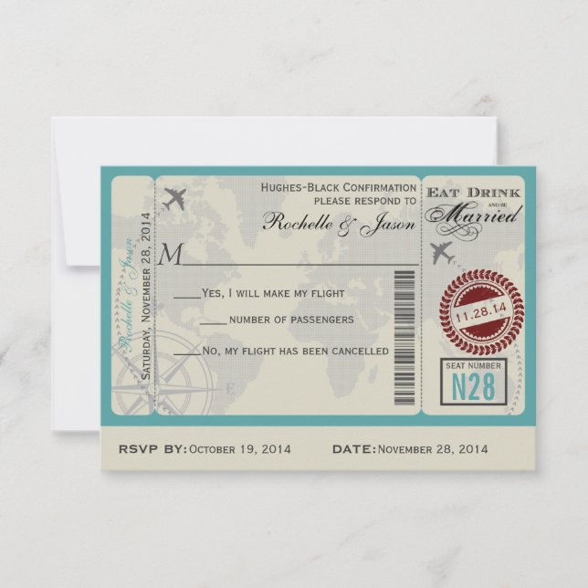 Tarjeta de aerolínea RSVP de boda (Anverso)