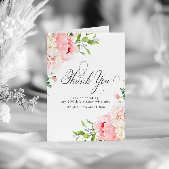 Tarjeta De Agradecimiento 100 cumpleaños Rubor Pink Peony Floral doblado (Subido por el creador)