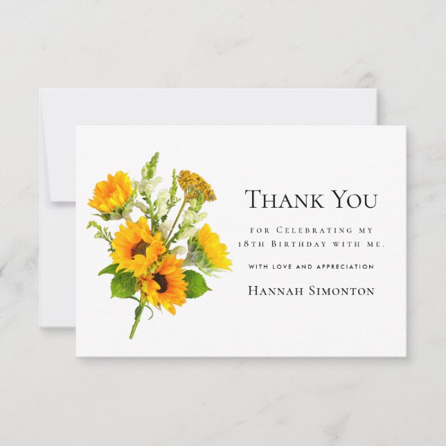 Tarjeta De Agradecimiento 18.º cumpleaños Sunflower Bouquet personalizado (Anverso)