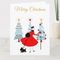 1950 Dama de Navidad Vintage con Terrier Escocés 