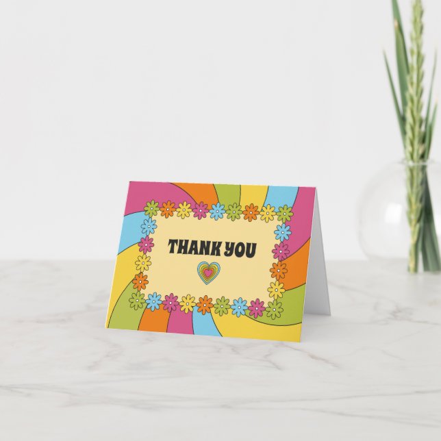 Tarjeta De Agradecimiento 1960s Themed Flowers, Waves and Hearts (Anverso)