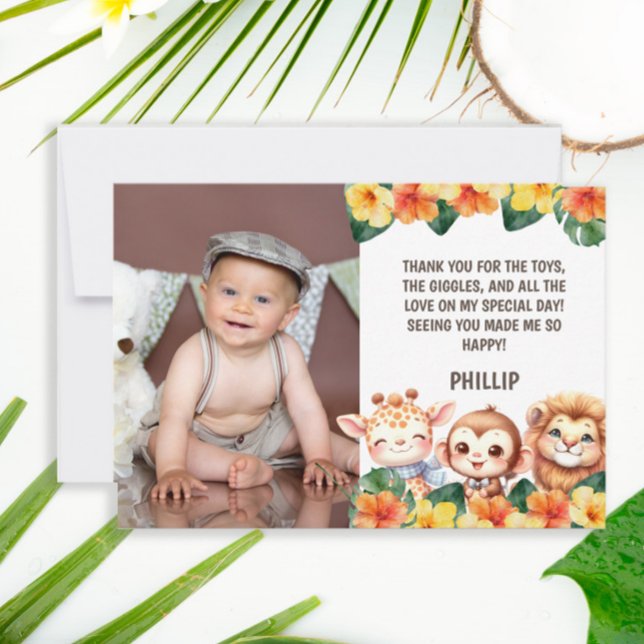Tarjeta De Agradecimiento 1.ᵉʳ cumpleaños Safari León Giraffe Mono Foto (Cute safari/Wild One 1st birthday photo thank you card.)