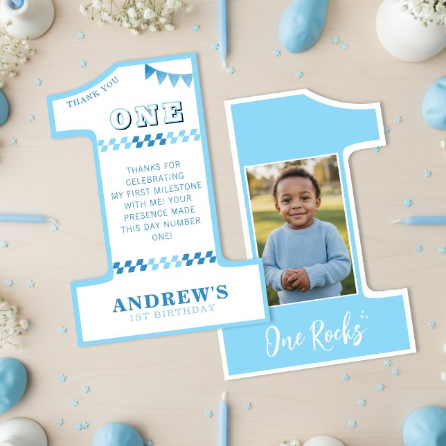Tarjeta De Agradecimiento 1.ᵉʳ Fiesta de Cumpleaños Niños Blue One Photo (1st Birthday Party Boys Blue One Photo Thank You Card
)