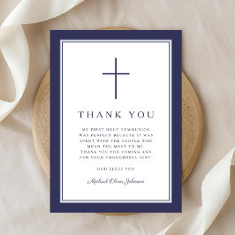 Tarjeta De Agradecimiento 1Elegant Navy Blue Cross Boy First Communion
