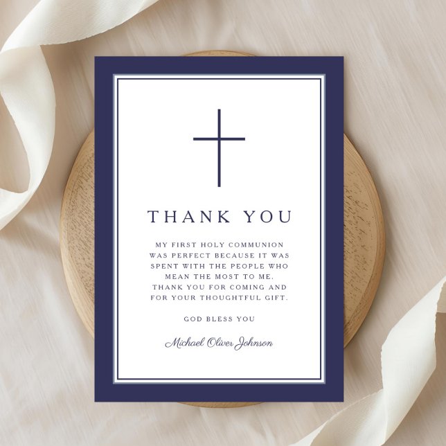 Tarjeta De Agradecimiento 1Elegant Navy Blue Cross Boy First Communion (Elegant Navy Blue Cross Boy First Communion Thank You Card)