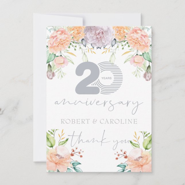 Tarjeta De Agradecimiento 20.º aniversario Boda Floral Gracias (Anverso)