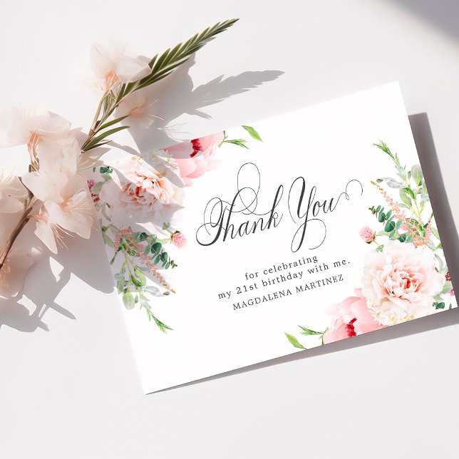 Tarjeta De Agradecimiento 21 cumpleaños Pink Peony Floral Flat (Subido por el creador)