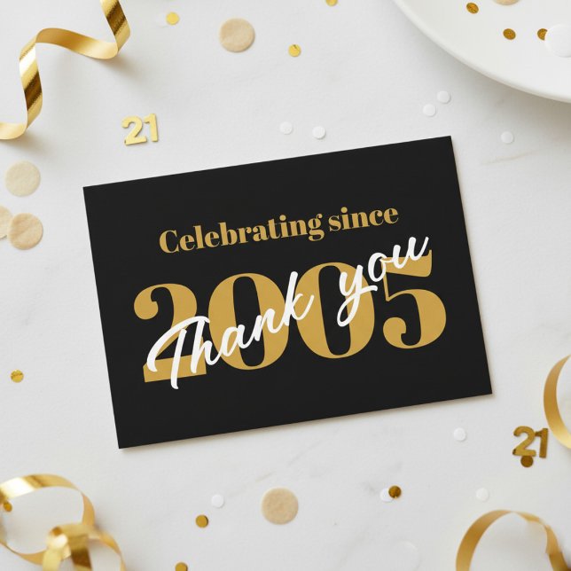 Tarjeta De Agradecimiento 21st Birthday 2005 Retro Black And Gold (Black and gold 21st birthday thank you card with "Celebrating since 2005 Thank You" text.)
