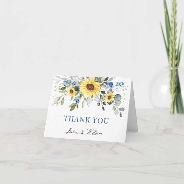 Tarjeta De Agradecimiento 2 FOTO Elegante Sunflowers Eucalyptus Boda (Anverso)