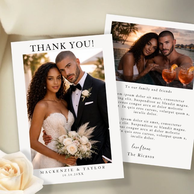 Tarjeta De Agradecimiento 2 Fotografías Bodas Personalizadas Con Mensaje (2 Photographs Personalized Wedding With Message Thank You Card by Ricaso.  stunning, simple & chic )