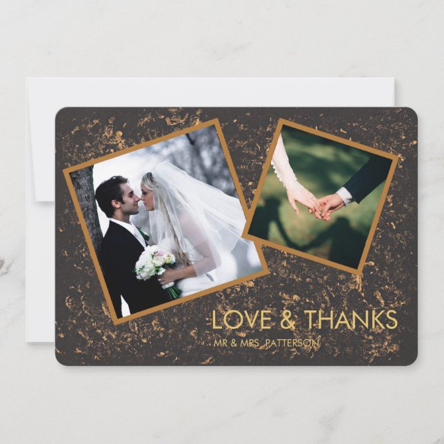 Tarjeta De Agradecimiento 2 Fotograma dorado y negro Boda Gracias (Anverso)