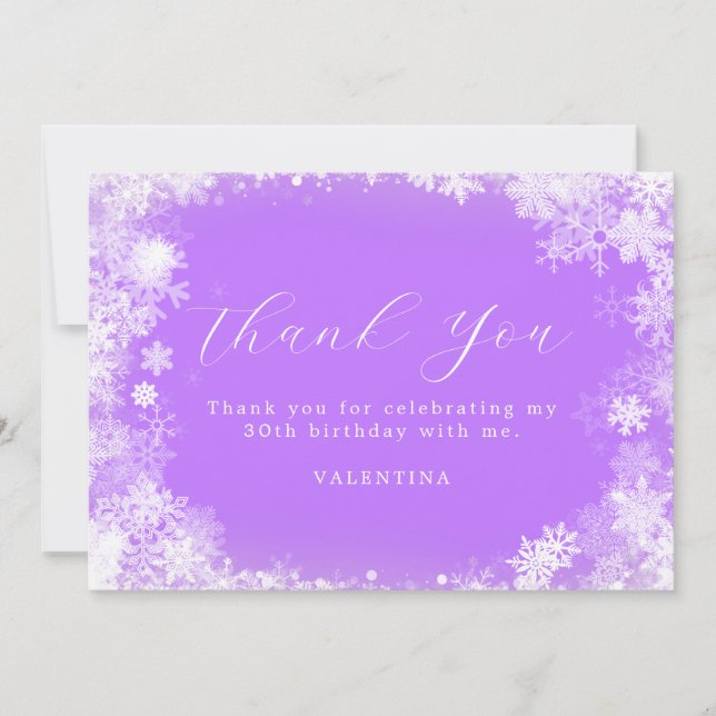 Tarjeta De Agradecimiento 30.º cumpleaños Invierno Maravilla de Nieve Morado (Anverso)