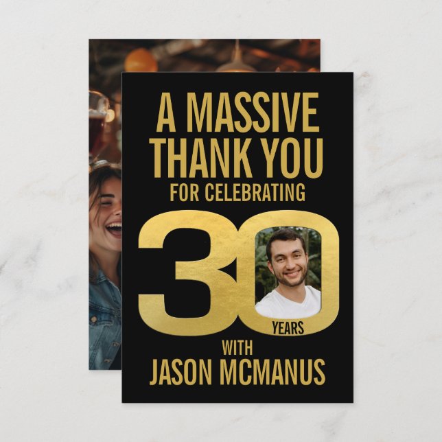Tarjeta De Agradecimiento 30th birthday photo thanks black and gold  (Anverso / Reverso)