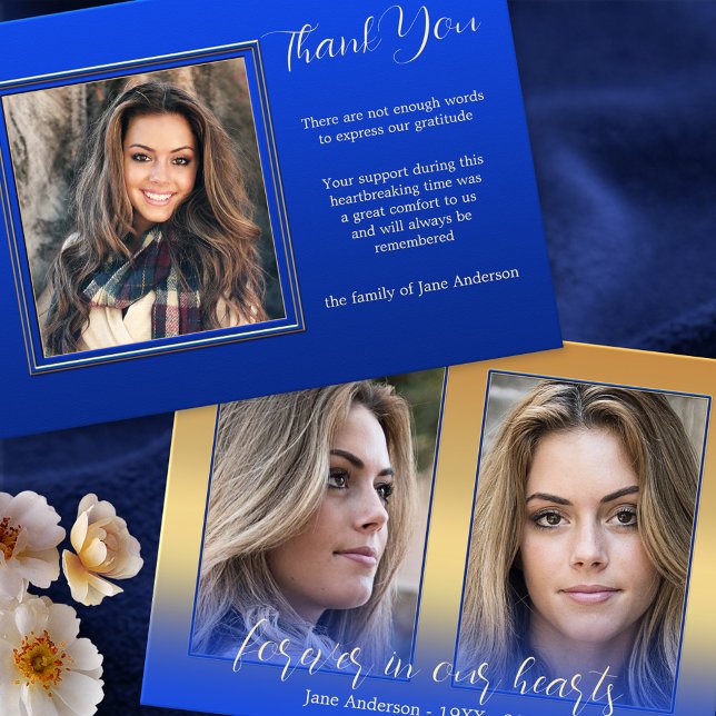 Tarjeta De Agradecimiento 3.ª Fotos Sentida Simpatía Gracias Cartas (Funeral or memorial Thank You card featuring 3 custom photos on royal and navy blue with gold)