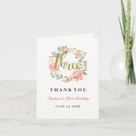 Tarjeta De Agradecimiento 3.ᵉʳ cumpleaños de flor dorada rosada